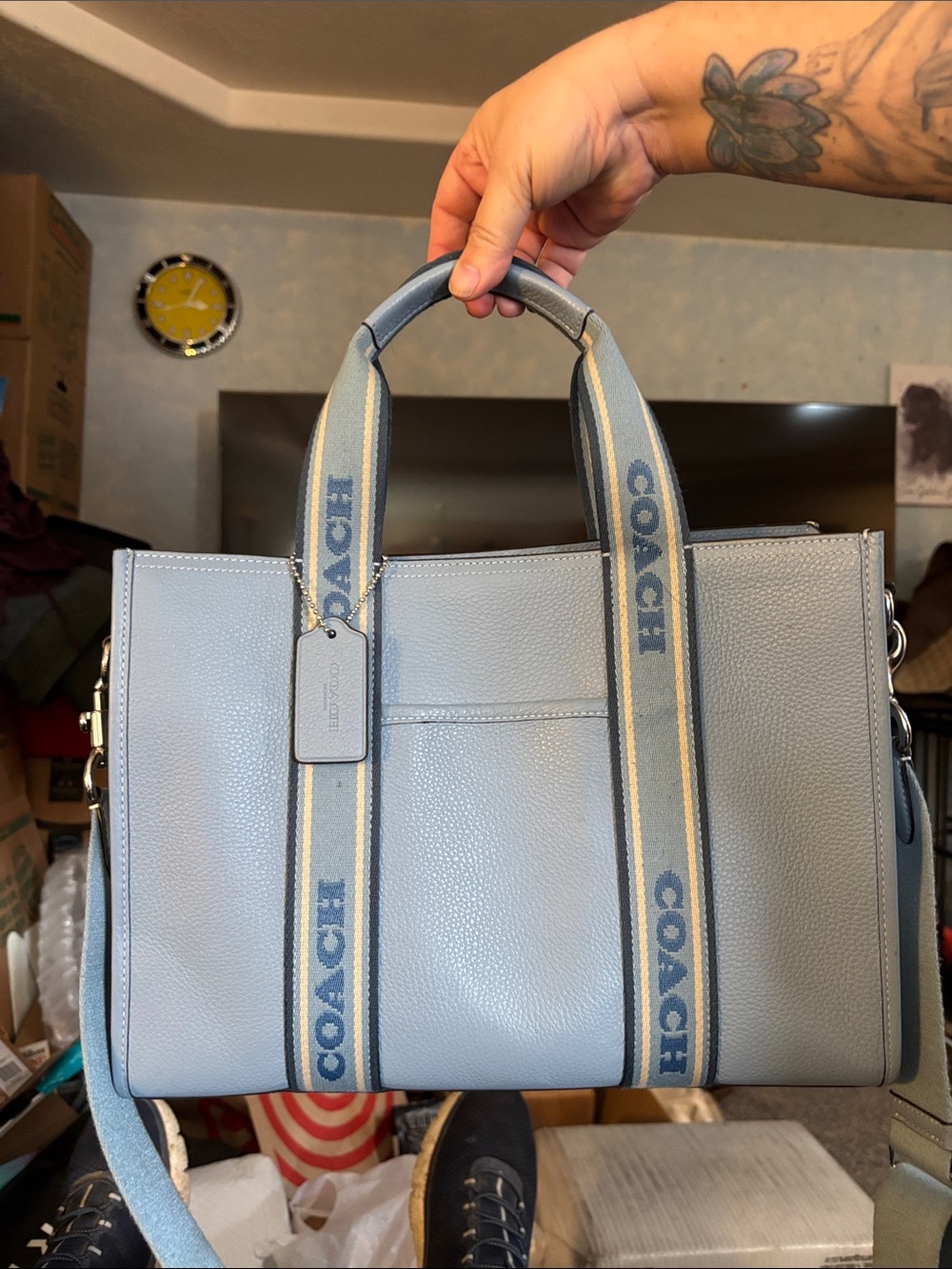 Coach Light Blue Pebbled Leather Tote with Logo Webbing Straps